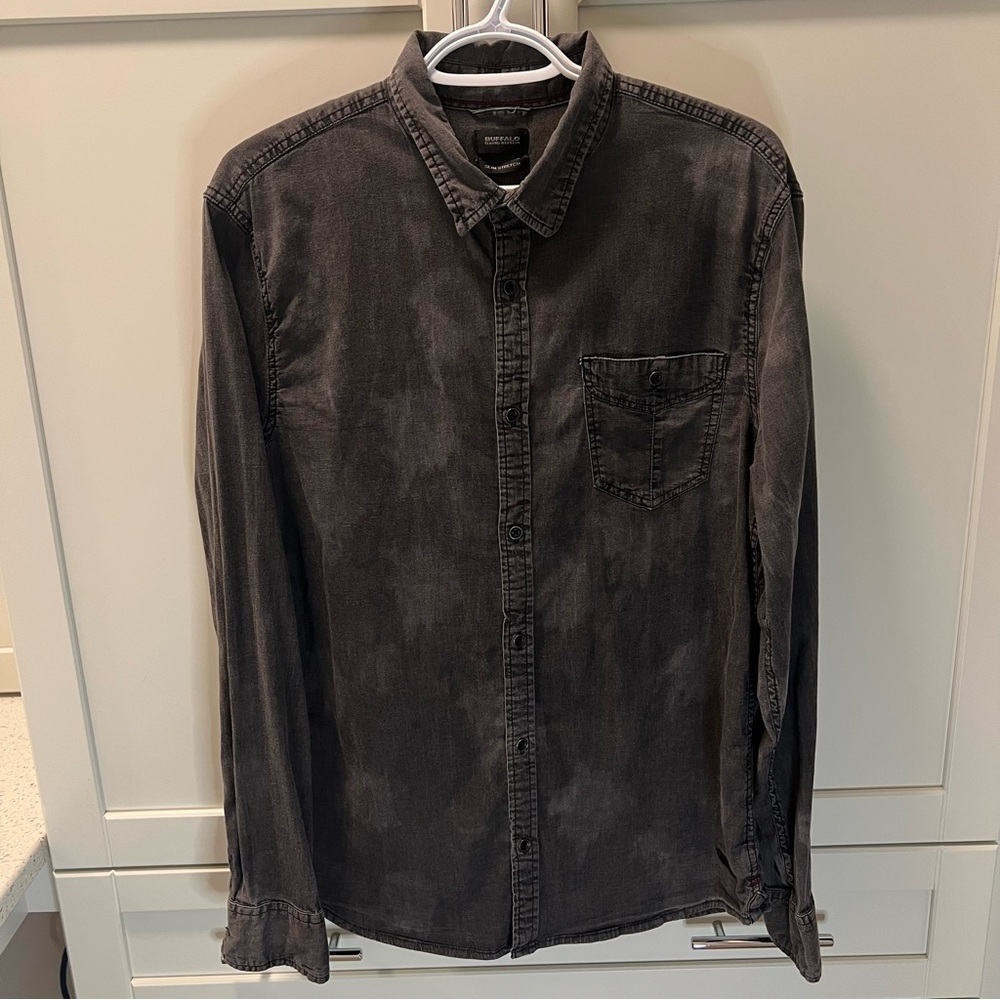BUFFALO by David Bitton Black Grey Denim Slim Stretch Long Sleeve Shirt Size Med